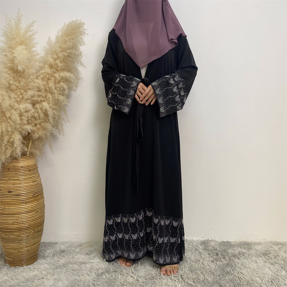 1431#Latest Sparkle Beauty Diamond Classic Black Elegant With Side Pockets Women Open Abaya