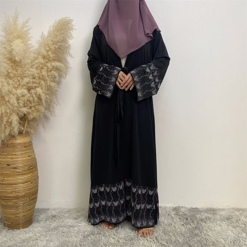 1431#Latest Sparkle Beauty Diamond Classic Black Elegant With Side Pockets Women Open Abaya
