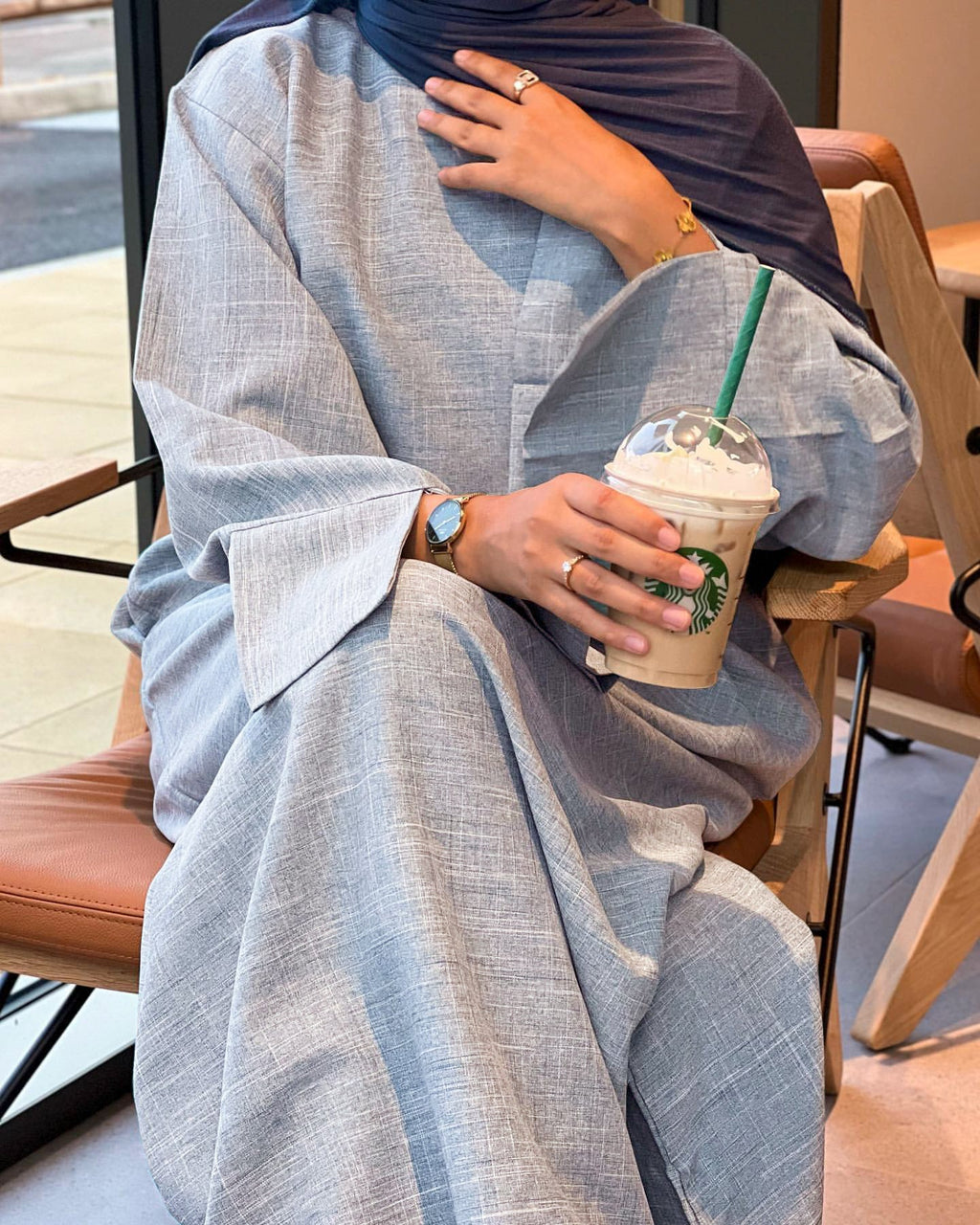 1715#Linen Abaya Slit Long Sleeves with Side Pockets and Back Zipper Women Casual Dress 的副本