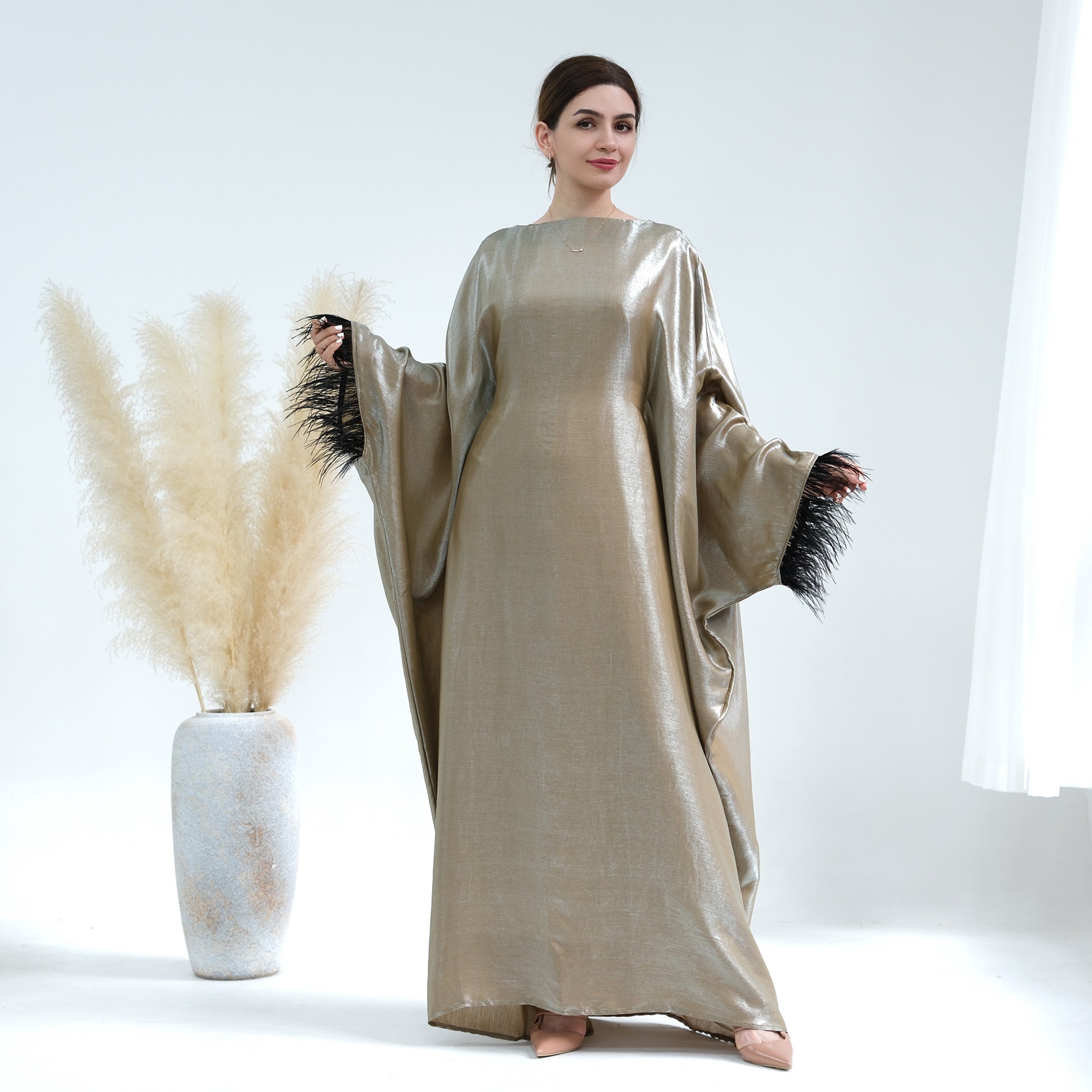 1648#Feather Closed Abayas Women Muslim Dress Turkey Dubai Abaya Modest Dress