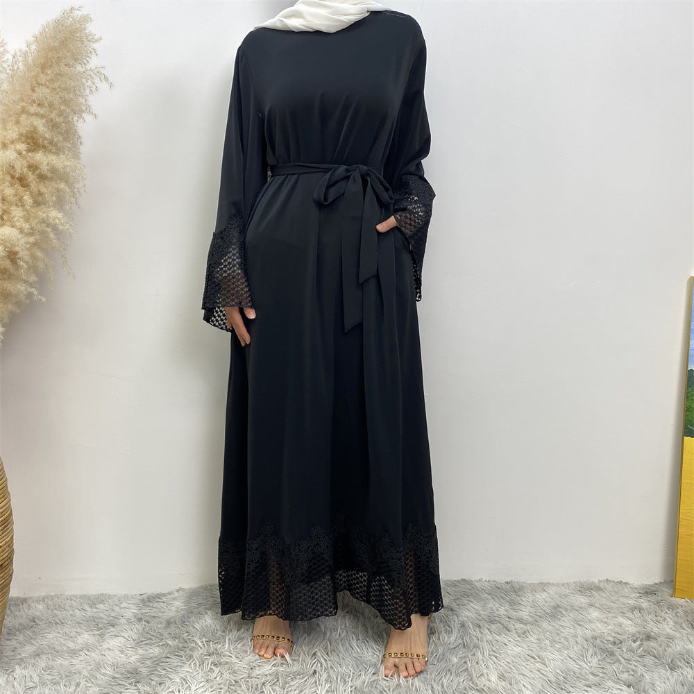 6708#New Nida Flower Applique With Mesh With Side Pockets Classy Women Dress Close Abaya