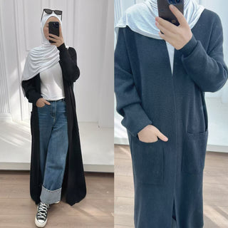 1906#Open Front Abaya with Pocket Thick Islamic Clothing Winter Cardigan Dress EID Ramadan Muslim Knitted Abaya