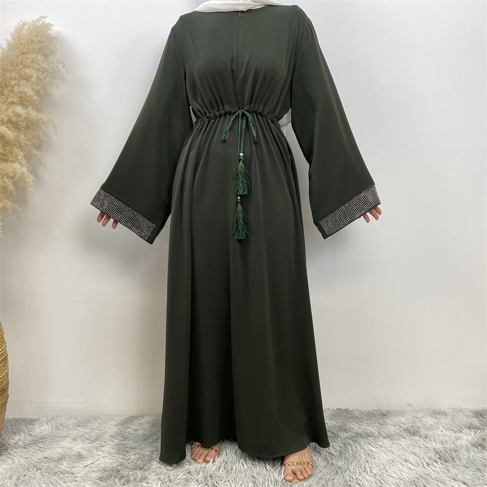 6758# Front zipper closed abaya dress loose cuff with rhinestone maxi dresses