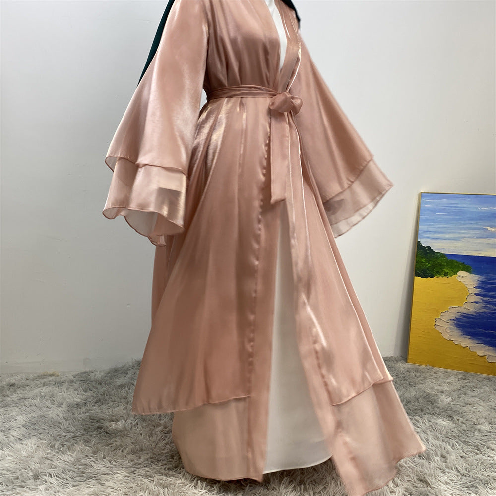 1432#Flowy Shiny Silk Material New Design Two Layers Loose Sleeves Classy Fashion Popular Ladies Islamic Open Abaya
