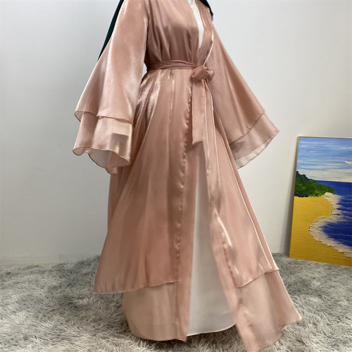 1432#Flowy Shiny Silk Material New Design Two Layers Loose Sleeves Classy Fashion Popular Ladies Islamic Open Abaya