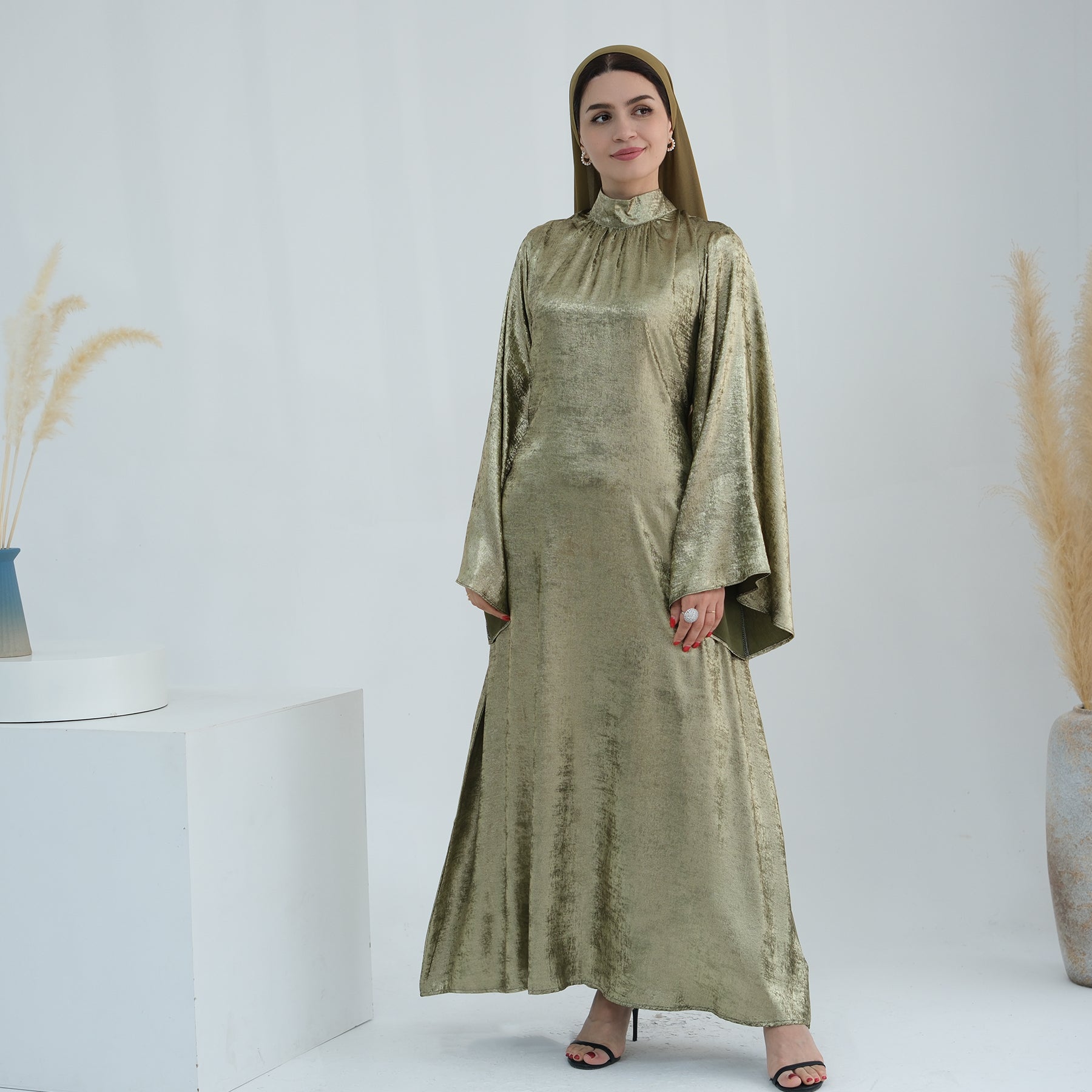 1777#New Modest Muslim Dress Long Sleeve Shinny Polyester Fashion Dubai Abaya Women Dress Elegant Islamic Clothing