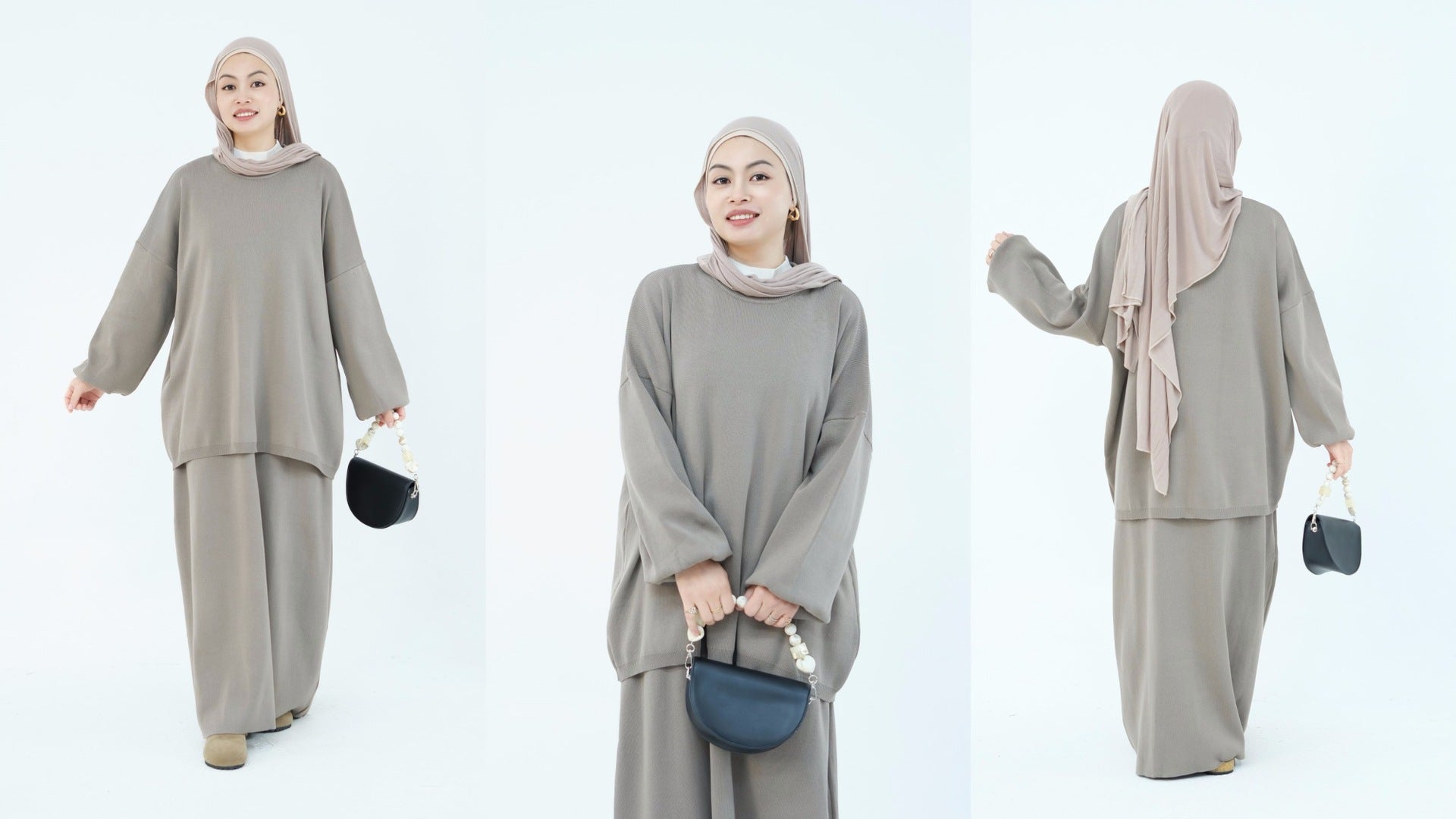 1928#Knit Fabric Solid Color Women's Dress Islamic Clothing Sweater Skirt Set 2pcs Winter Set Abaya
