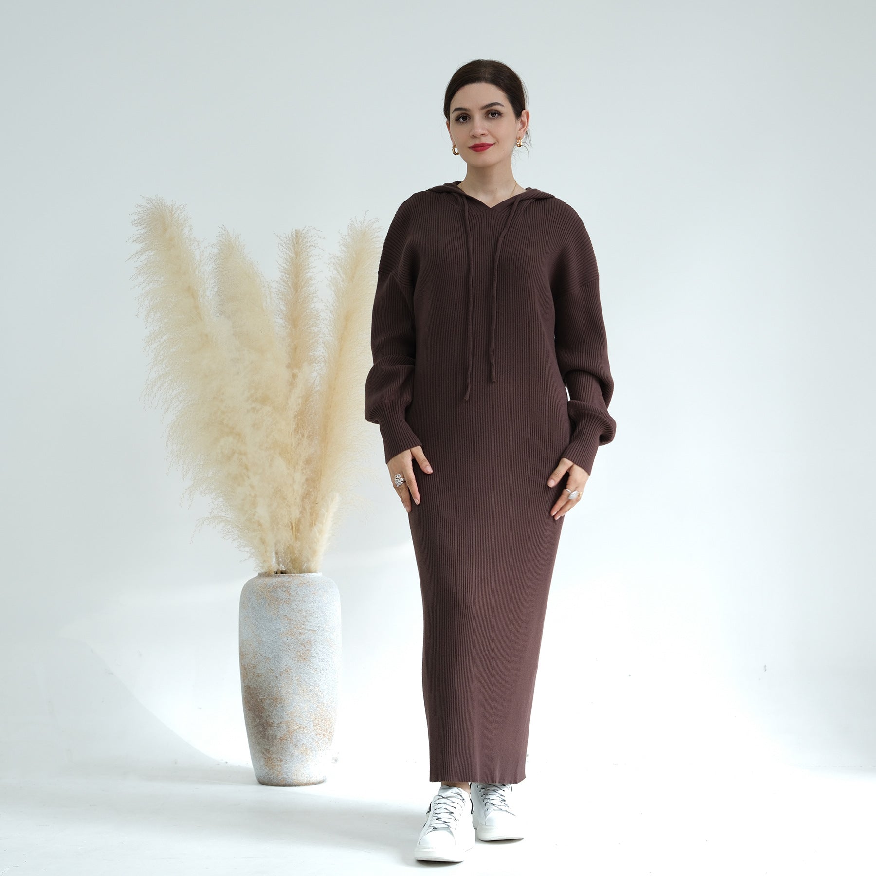 1668# Knit Modest Dresses Muslim Women's Dresses Hoodie Winter Abaya
