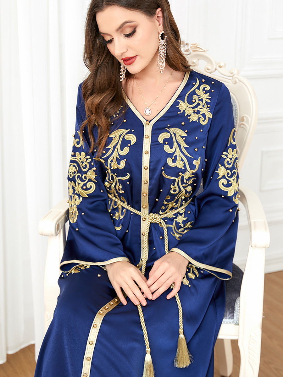 3299#Modest Muslim Turkey Arabic Dubai Diamond Ribbon V Neck Bead Maxi Dress