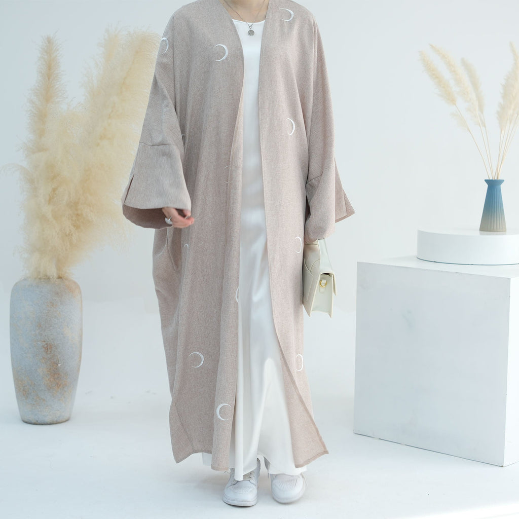 1700#Latest Muslim Women Moon Embroidery Open Abaya Islamic Clothing Dress