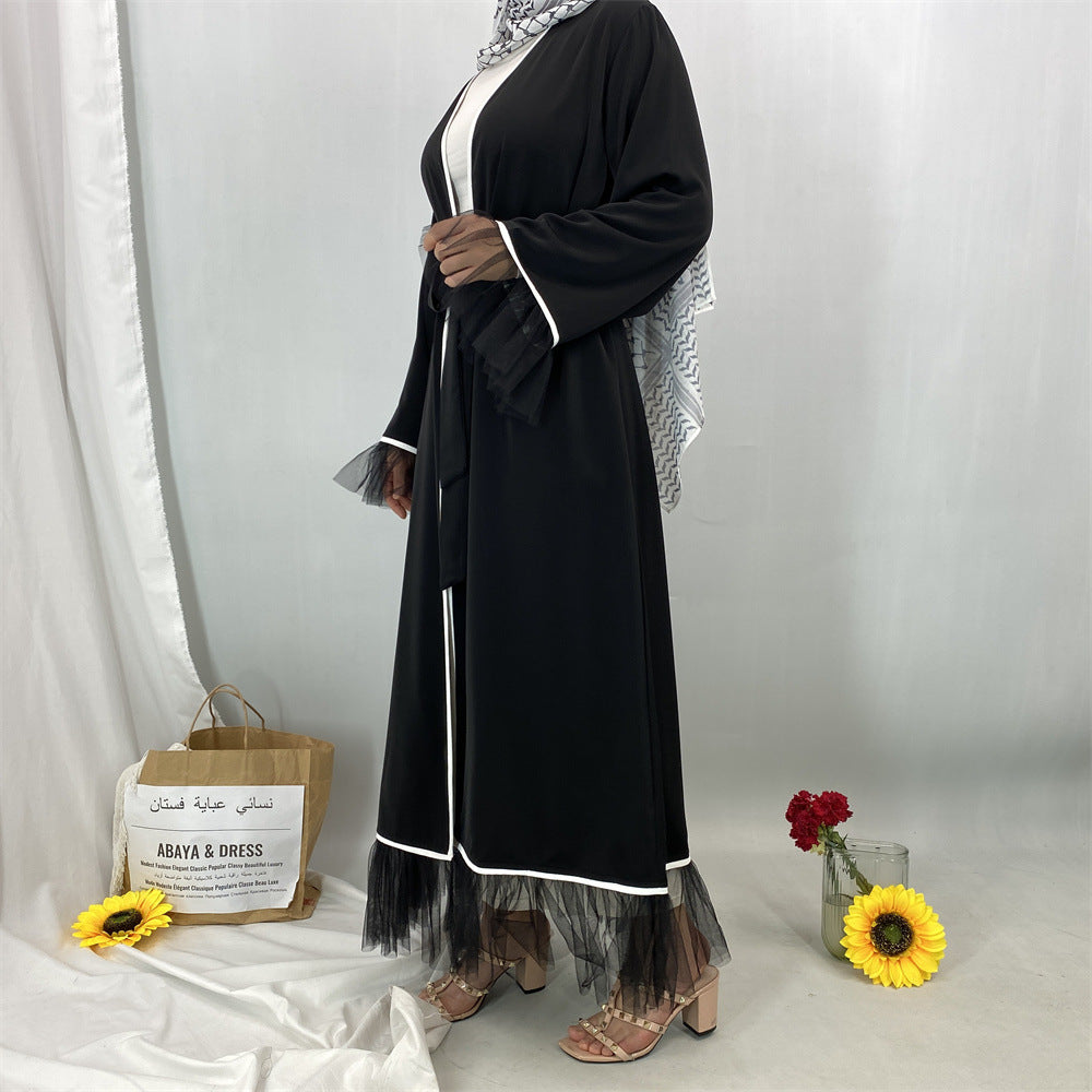 1466#Long Sleeve Elegant Women Solid Color Mesh Black Open Abaya with White Piping