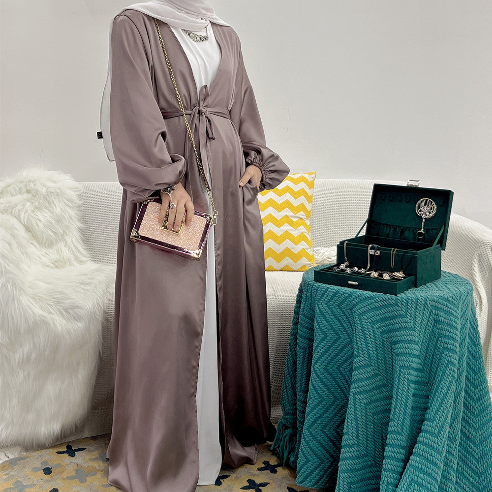 1507# Muslim women Satin Abaya Solid color kimono open Cardigan
