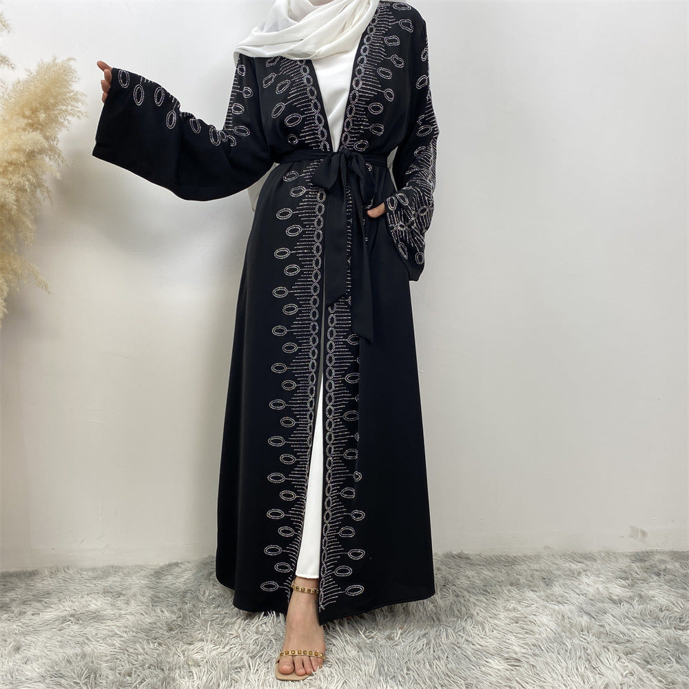 1424#Modest Coats for Muslim Women Nida Open Abaya With Sequins Black Long Coat With Side Pockets