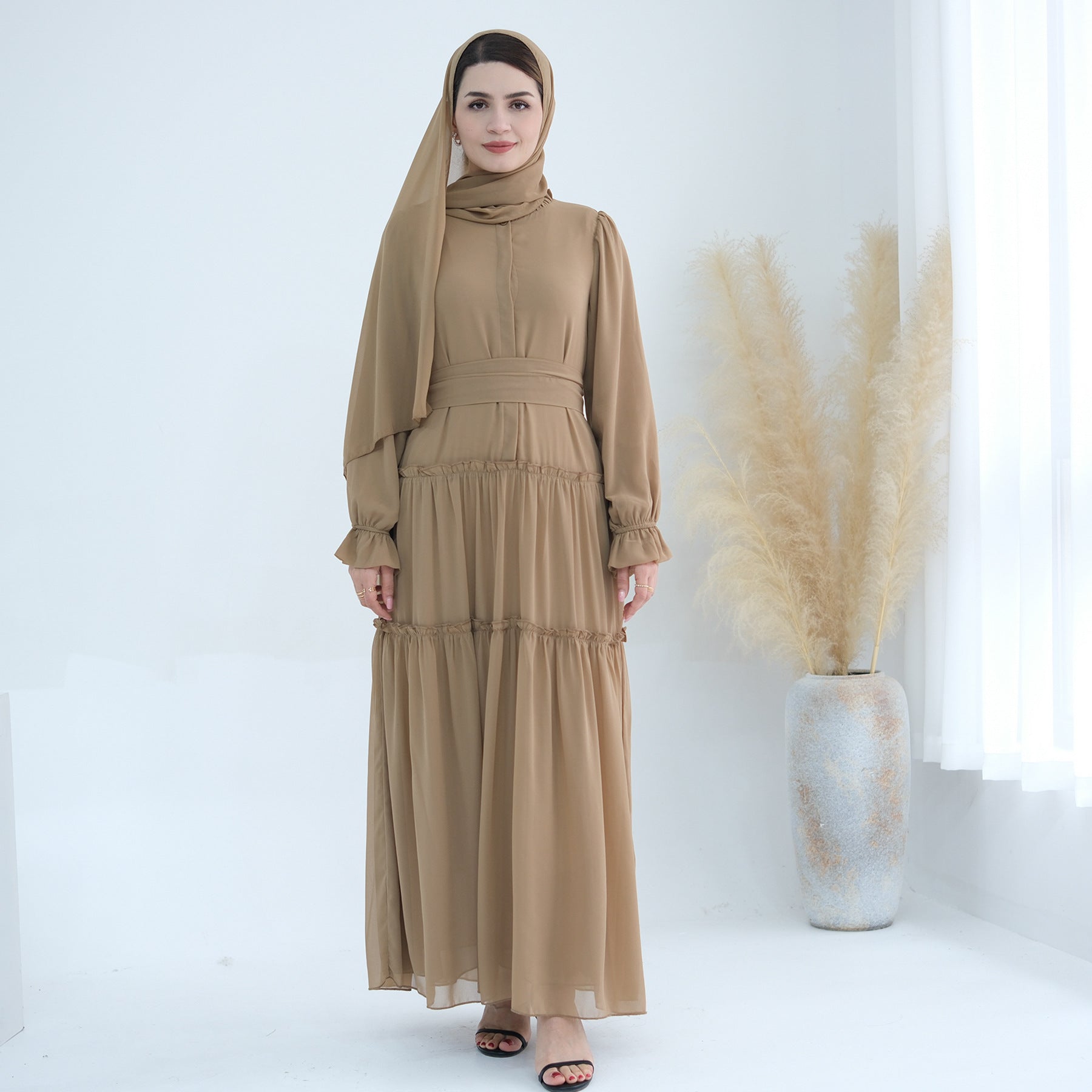 1754#2024 Solid Color Layered Chiffon Elegant Dress with Front Buttons and Lining