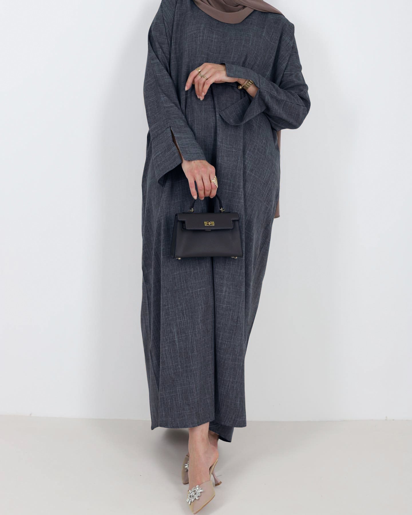 1715#Linen Abaya Slit Long Sleeves with Side Pockets and Back Zipper Women Casual Dress 的副本