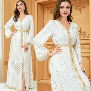 3194#White Dot Gold Stamp Dubai Arabic Moroccan Kaftan Maxi Muslim Dress