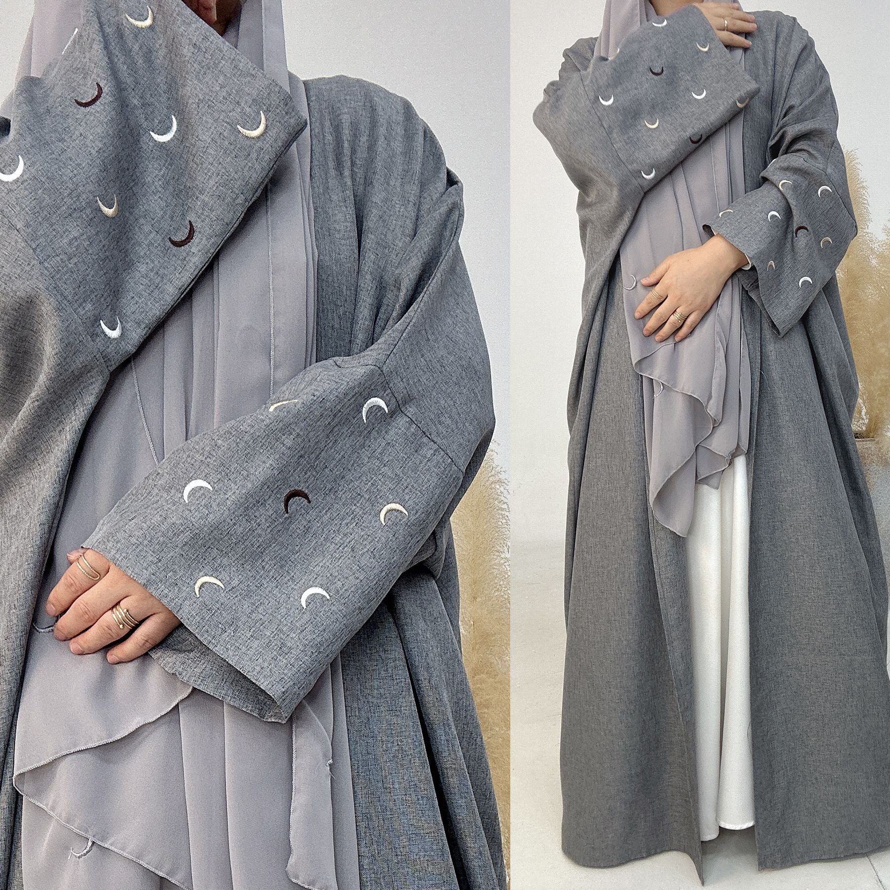 1664#New Arrival EID Linen Islamic Clothing Musulmane Moon Embroidery Women Kimono Cardigan Abaya