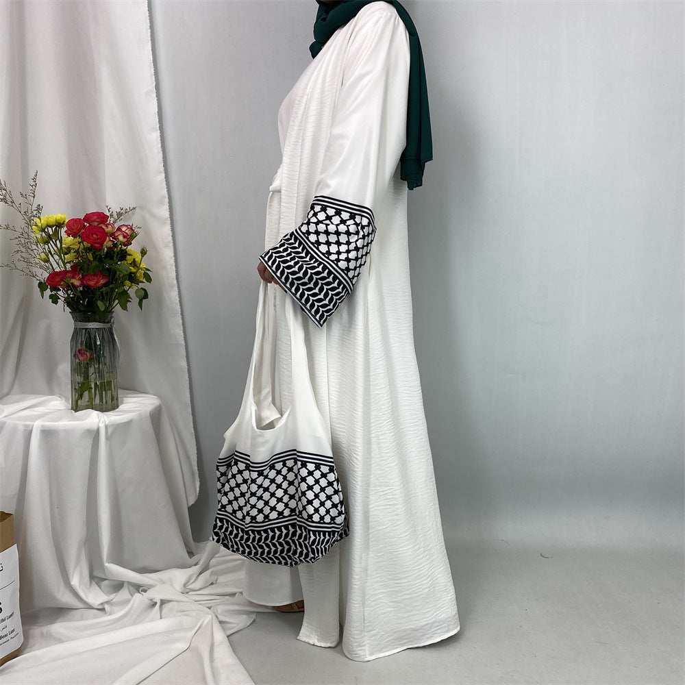 1452#Hot Seller Palestine-Inspired Printed Soft Linen Keffiyeh Open Abaya Wholesale With Crossbody Bag
