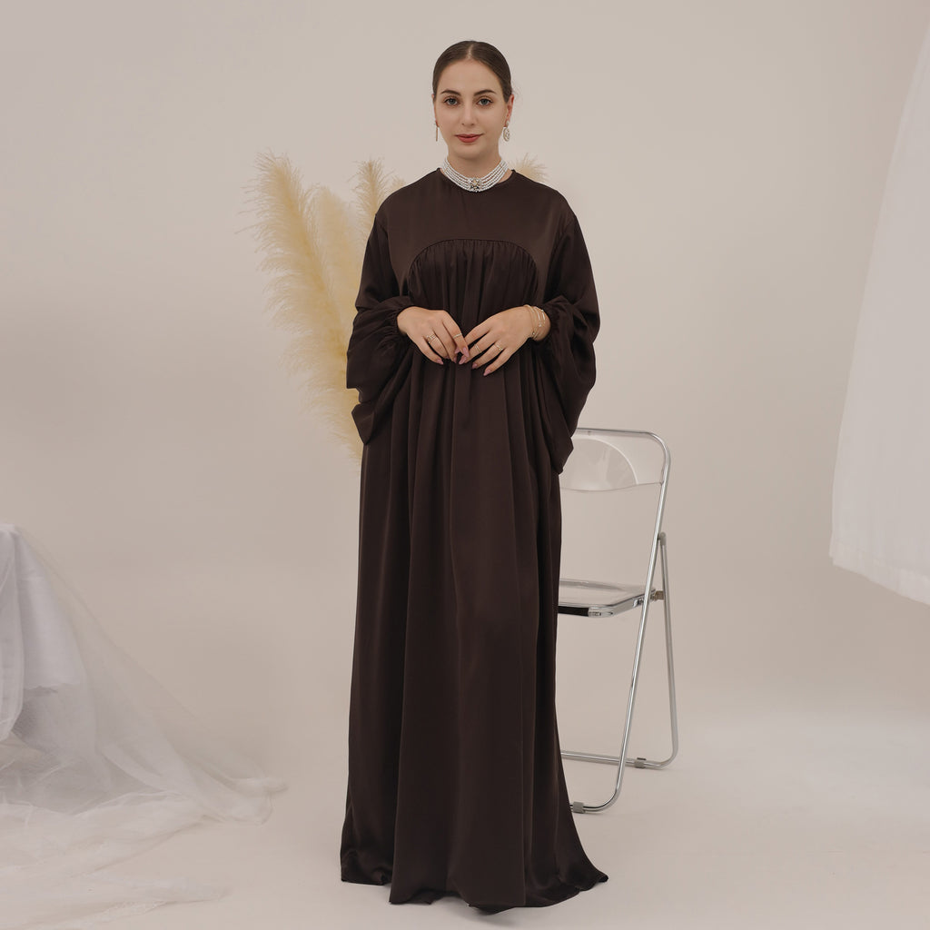 1592#High Quality Muslim Dress Puff Sleeve Soft Satin Plain Abaya