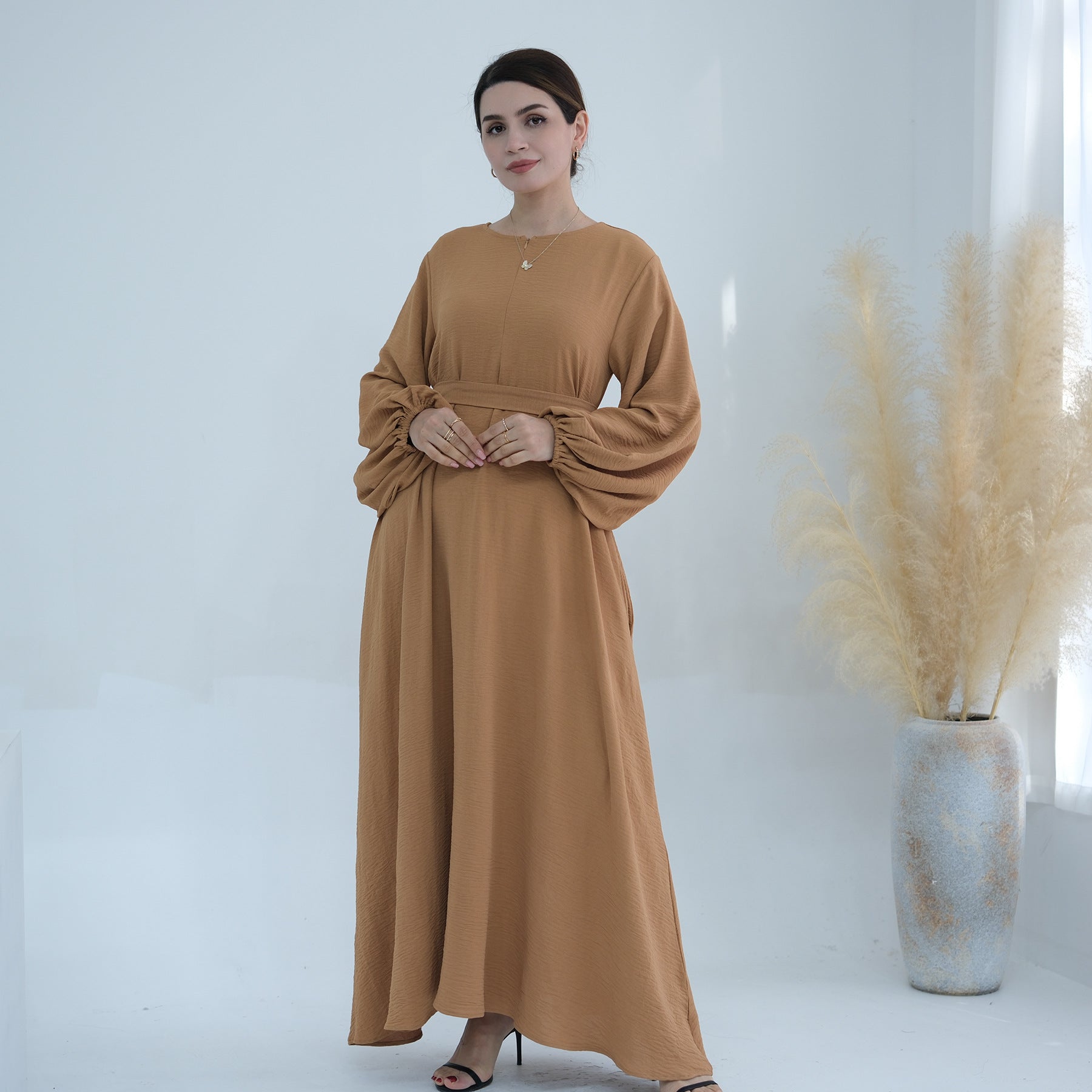 1708#2024 Modest Dresses Solid Color with Front Zipper Women Islamic Clothing