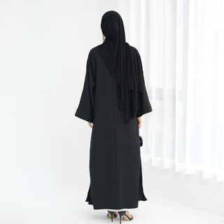 1850#Open Women Muslim Long Dress Plain Black Pleated Kimono Turkey Dubai Abaya