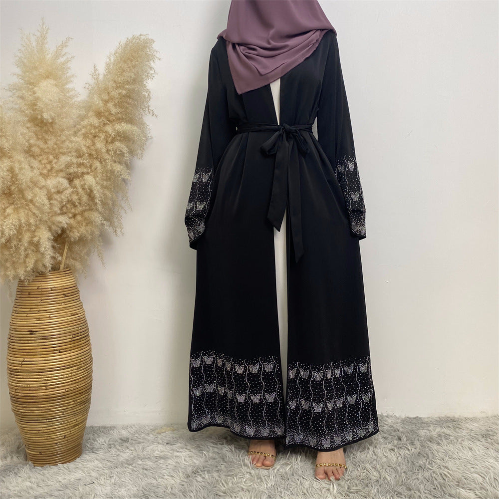 1431#Latest Sparkle Beauty Diamond Classic Black Elegant With Side Pockets Women Open Abaya