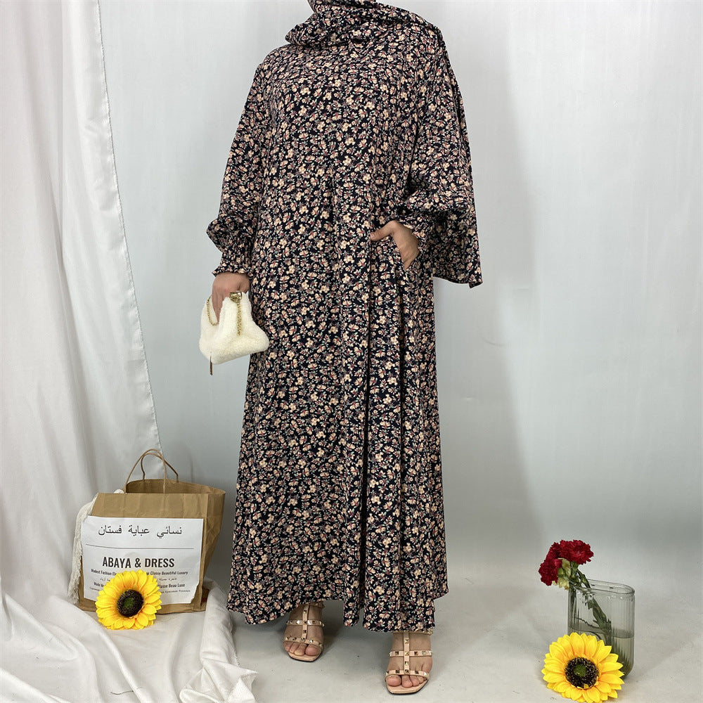 6847#Floral Printed One Piece Tradition Prayer Abaya Robe with Attached Hijab