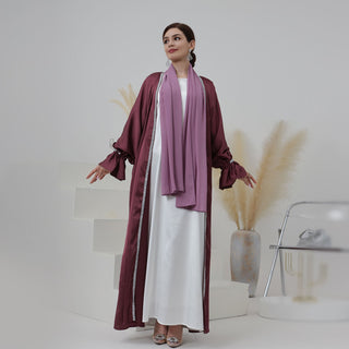 1633#New Design Modest Dubai Muslim Dress Satin Women Open Abaya 2pc set