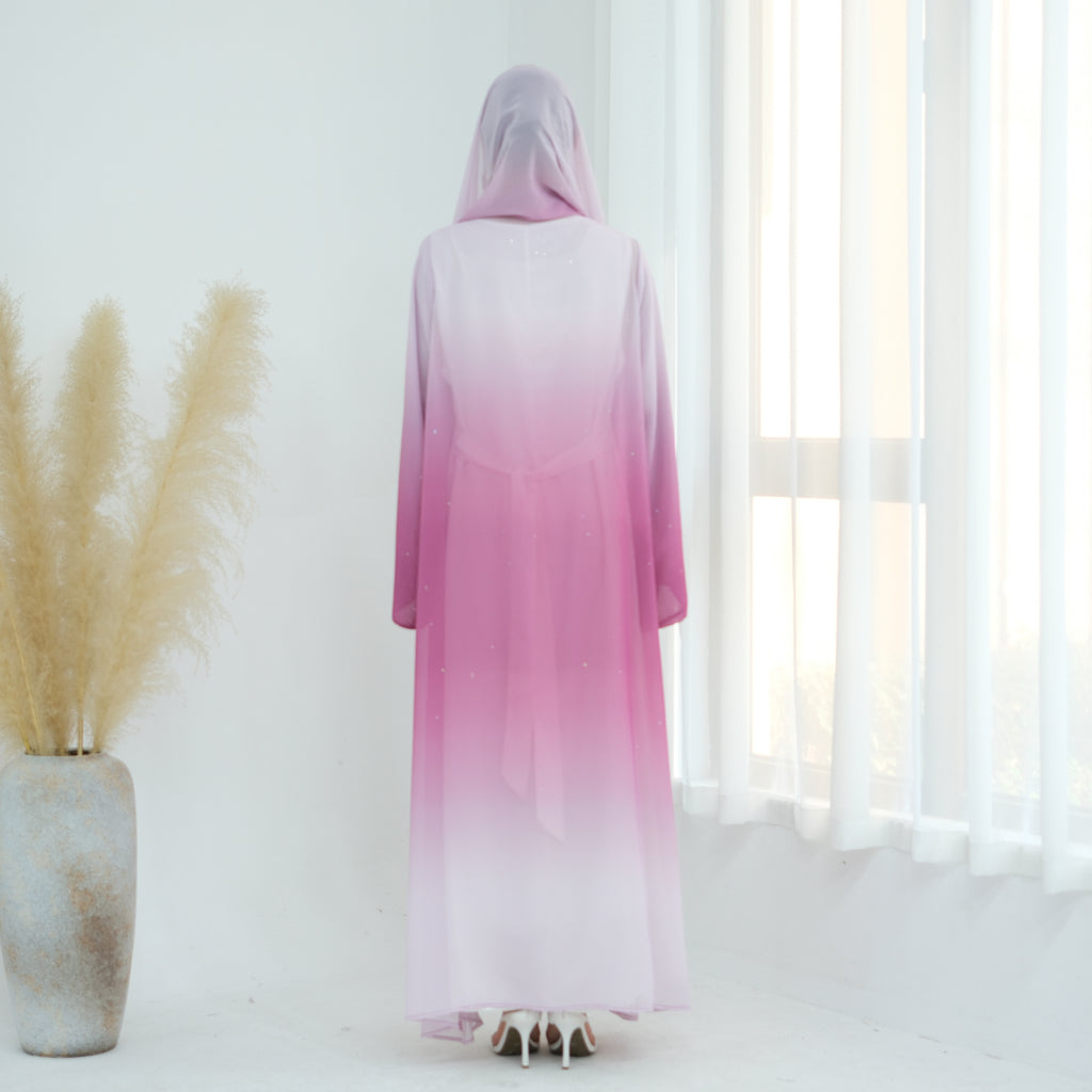1840#2024 New Ombre Gradient Color Hijab Abaya 2pcs Set Kaftan Abaya Women Muslim Dress