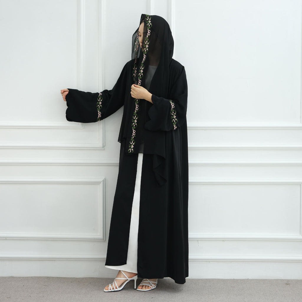 1068#Top Abaya Manufacturers Islamic Clothing Dubai Abaya and Hijab Embroidery Sleeves 2pcs Set Summer Modest Open Abaya