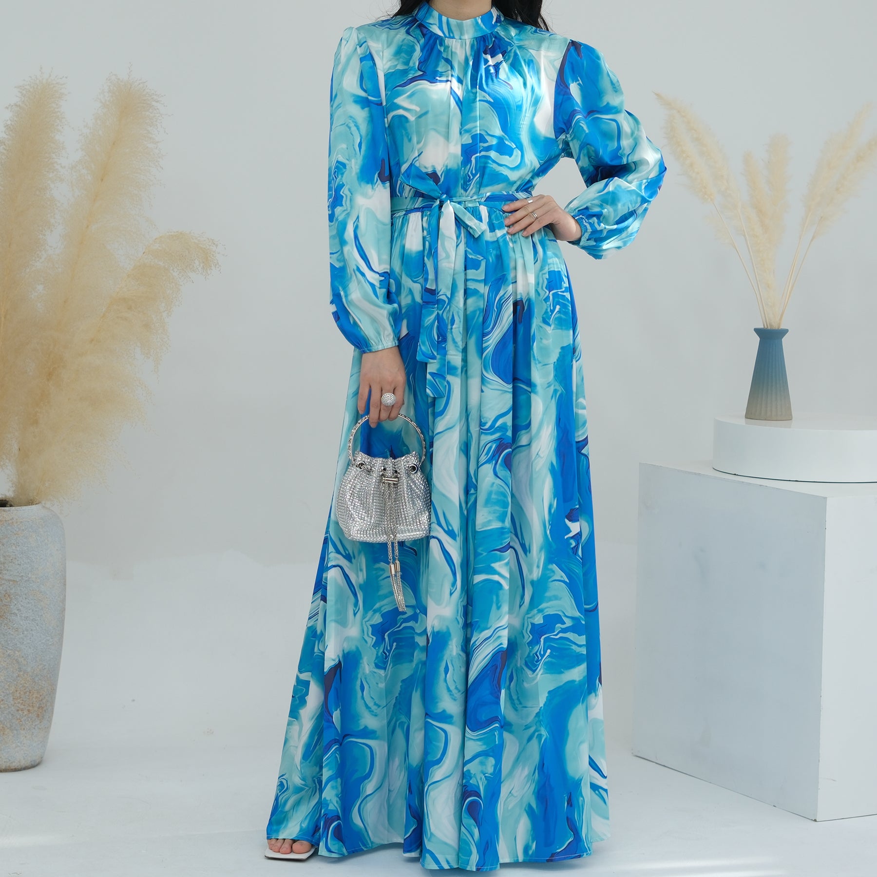 1723#New Style Printed Dress Muslim Ladies Abaya Summer Polyester Floral Dress