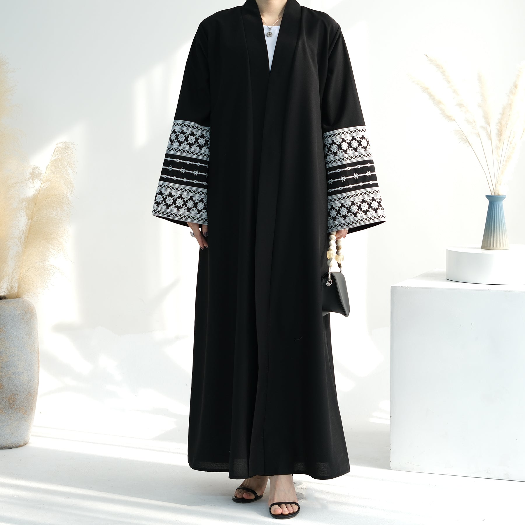 1701#2024 Ramadan Modest Black Abaya Linen Kimono Linen Abaya
