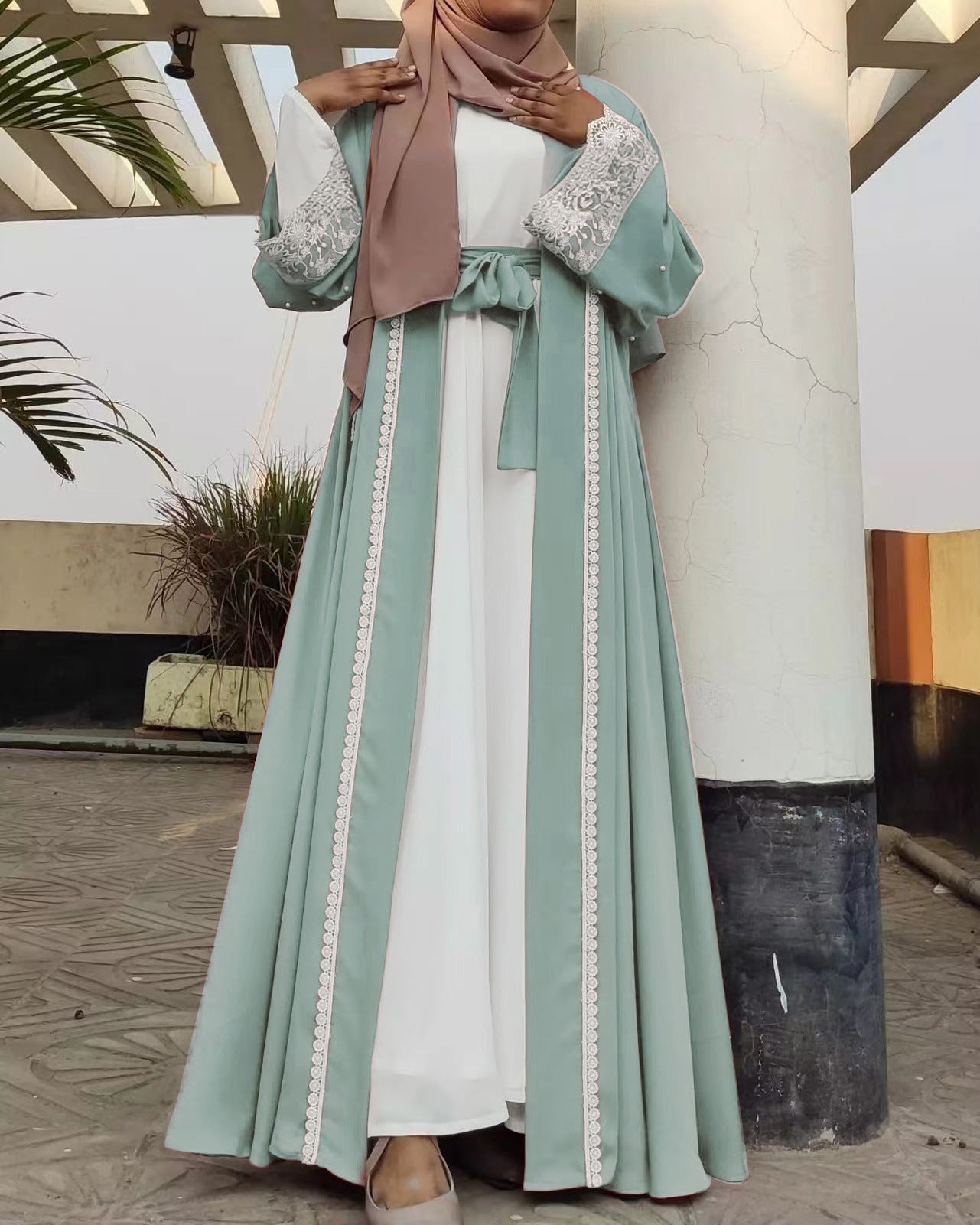 1405#Latest Eid Nida Material Flower Lace Border Classy Embroidery Women Open Abaya