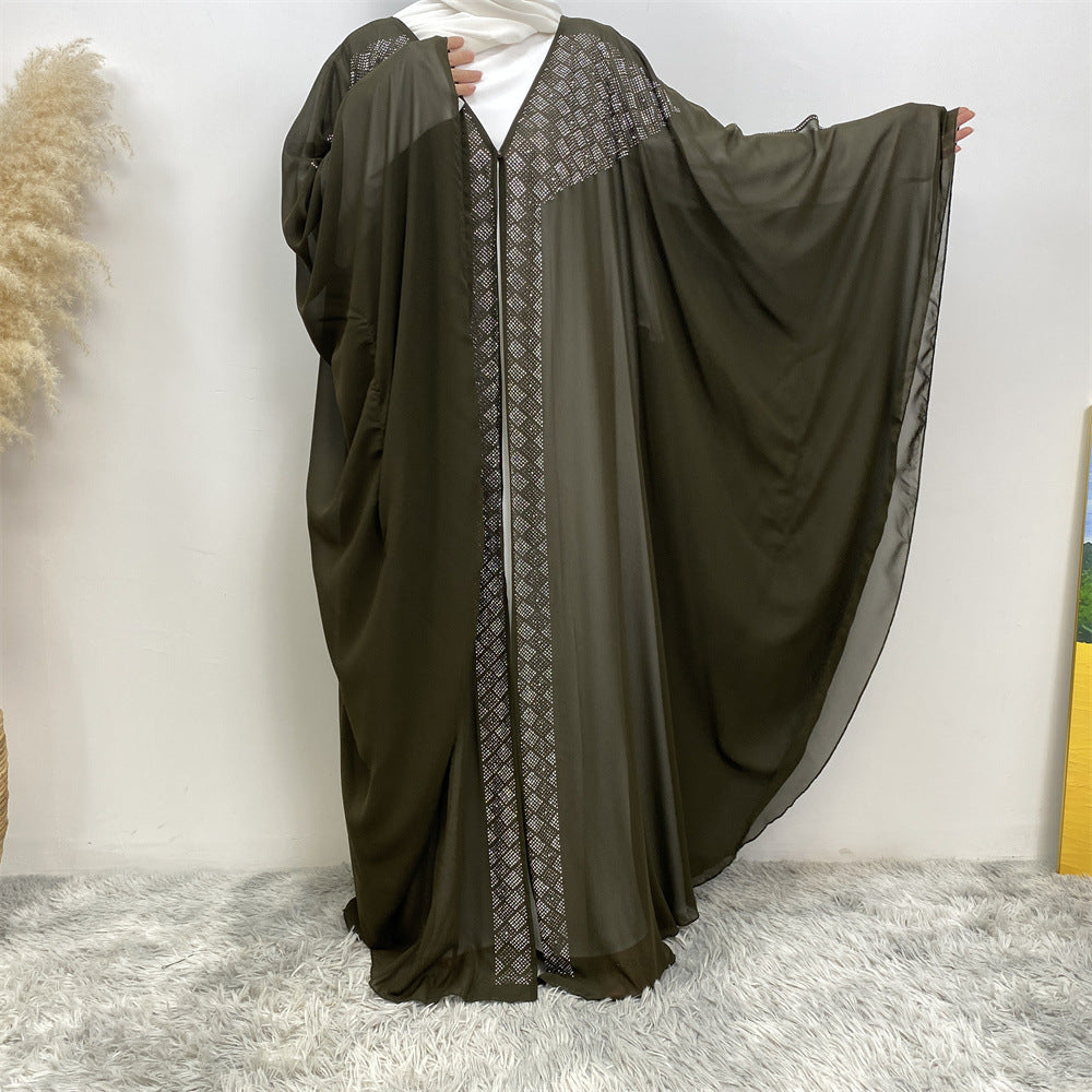 6739# Luxury Rhinestone Chiffon Abaya Hot Drilling Bead With Pearls Classy Cardigan