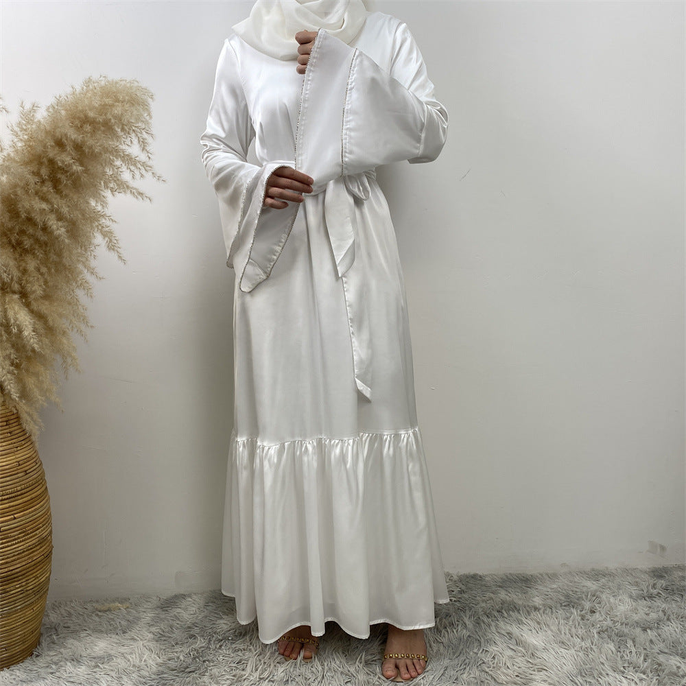 6789# New Front Zipper Two Layers With Sparkle Diamond Sleeves With Pockets Muslim Women Dress