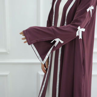 1033#EID Ramadan Modest Muslim Women's Abaya Dress Solid Color Bow Sleeves Cardigan Open Kimono