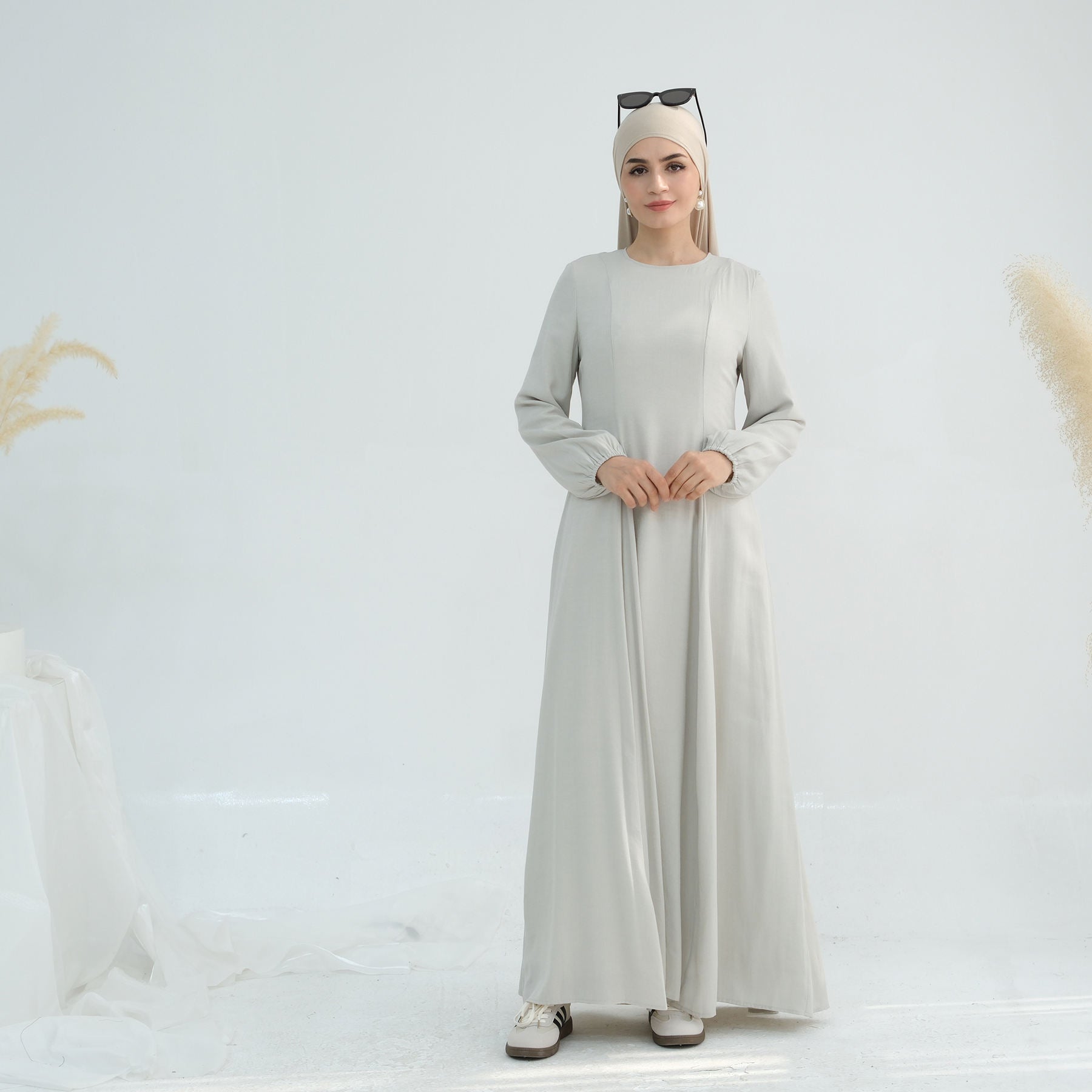 1932# 2025 Islamic Clothing Linen Women Maxi Dress Balloon Sleeve Big Hem Modest Abaya Women Muslim Dress