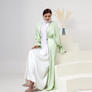 1633#New Design Modest Dubai Muslim Dress Satin Women Open Abaya 2pc set