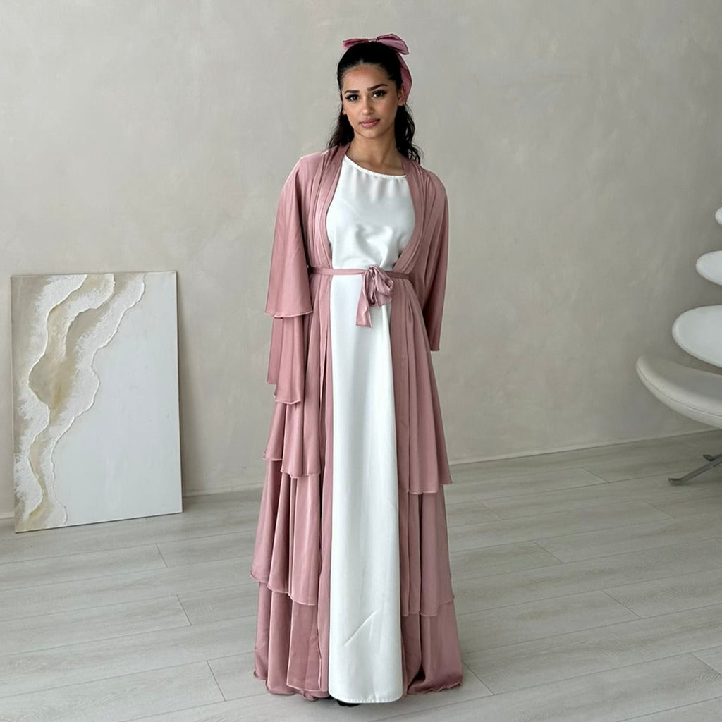 1706#2024 High Quality Satin Silk Open Abaya EID Dubai 3 Layers Abaya Islamic Clothing