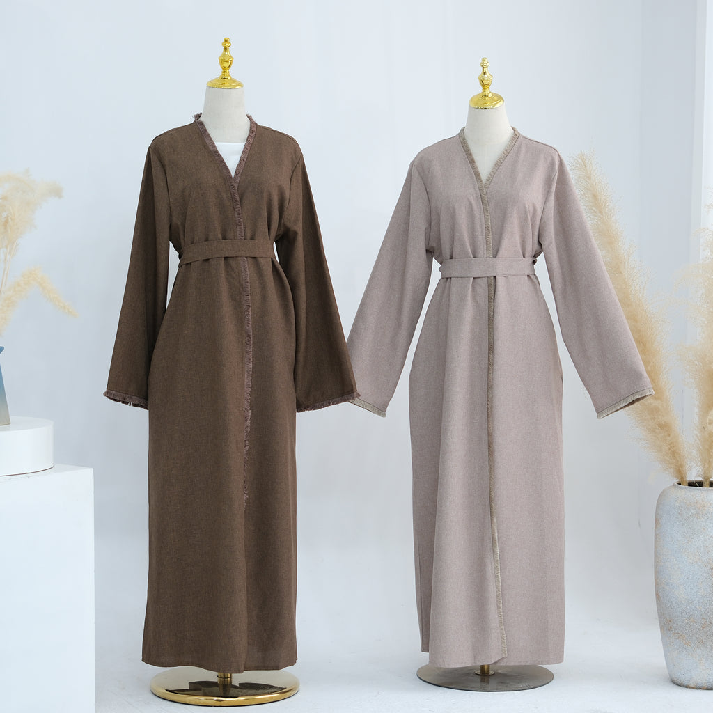 1865# Ethnic Clothing Polyester Linen Open Abaya with Tassel Modest Kimono Wholesale Abaya