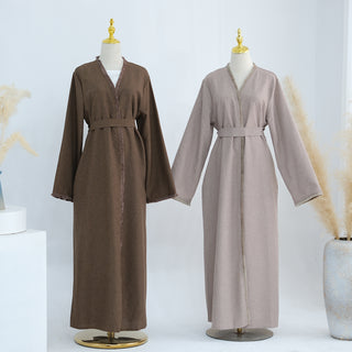 1865# Ethnic Clothing Polyester Linen Open Abaya with Tassel Modest Kimono Wholesale Abaya