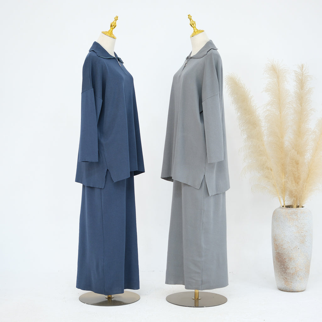 1929#Half Zipper Drop Shoulder Sweater Knit Muslim Women Two Pieces Set Oversized Tops Casual Fall Skirt Abaya Set