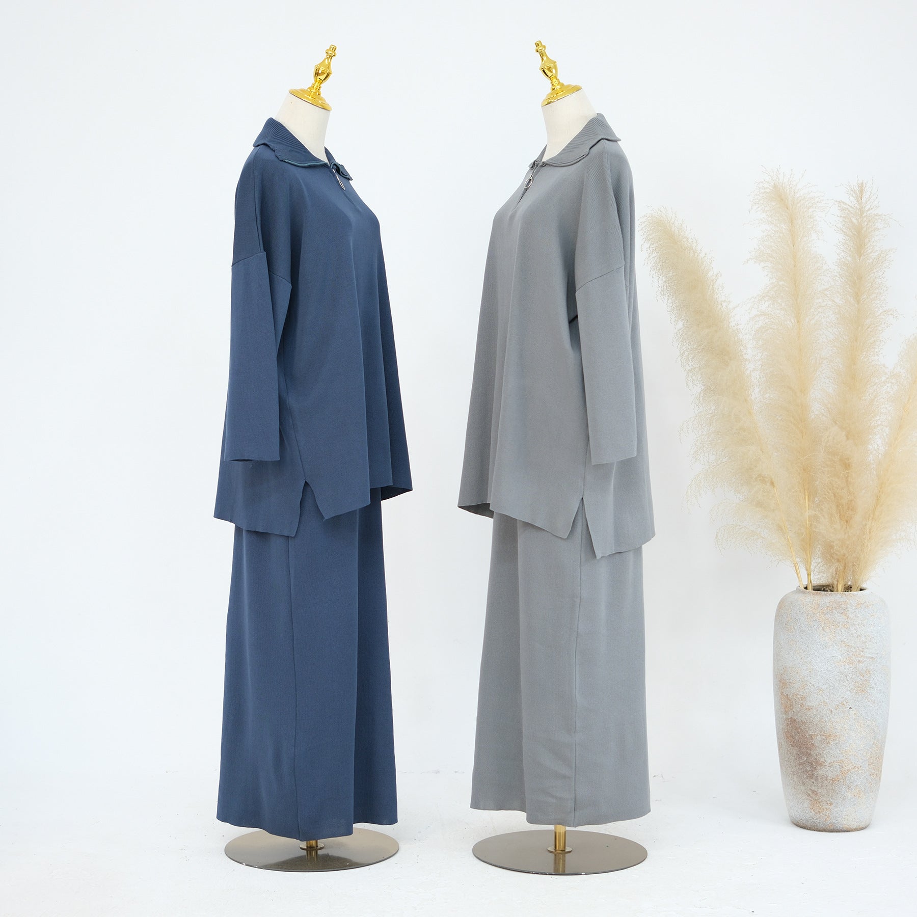 1929#Half Zipper Drop Shoulder Sweater Knit Muslim Women Two Pieces Set Oversized Tops Casual Fall Skirt Abaya Set