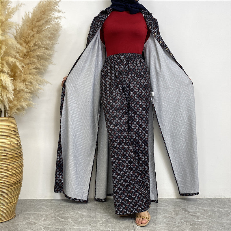 6674# New fashion set full button pocket pant muslim women 2pcs abaya sets