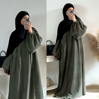 1919#New Winter Abaya Round Neck Balloon Sleeves Solid Color Cordury Closed Abaya Women Dresses