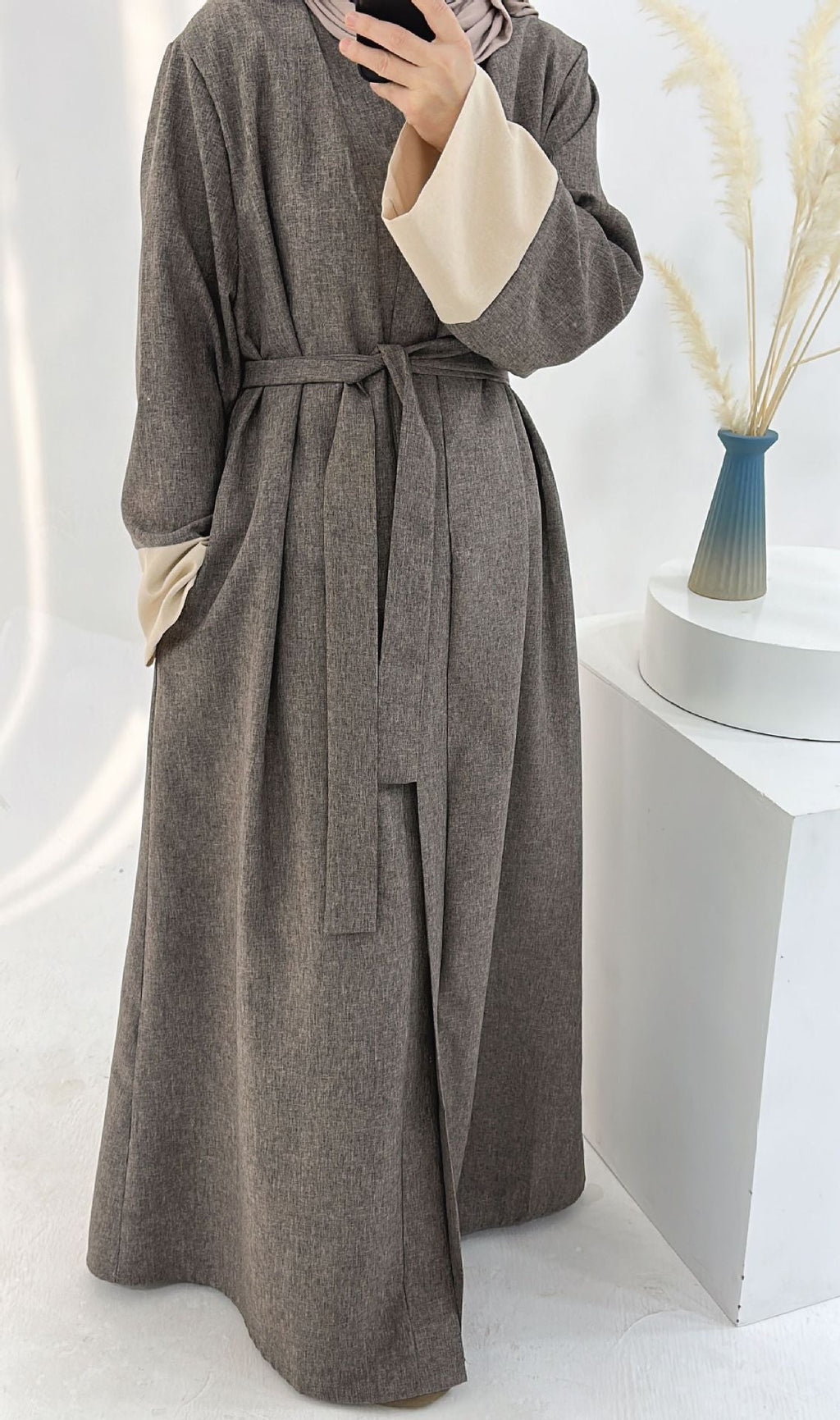 1744#2024 Latest Islamic Clothing Color-blocked Sleeves Linen Cardigan Open Abaya