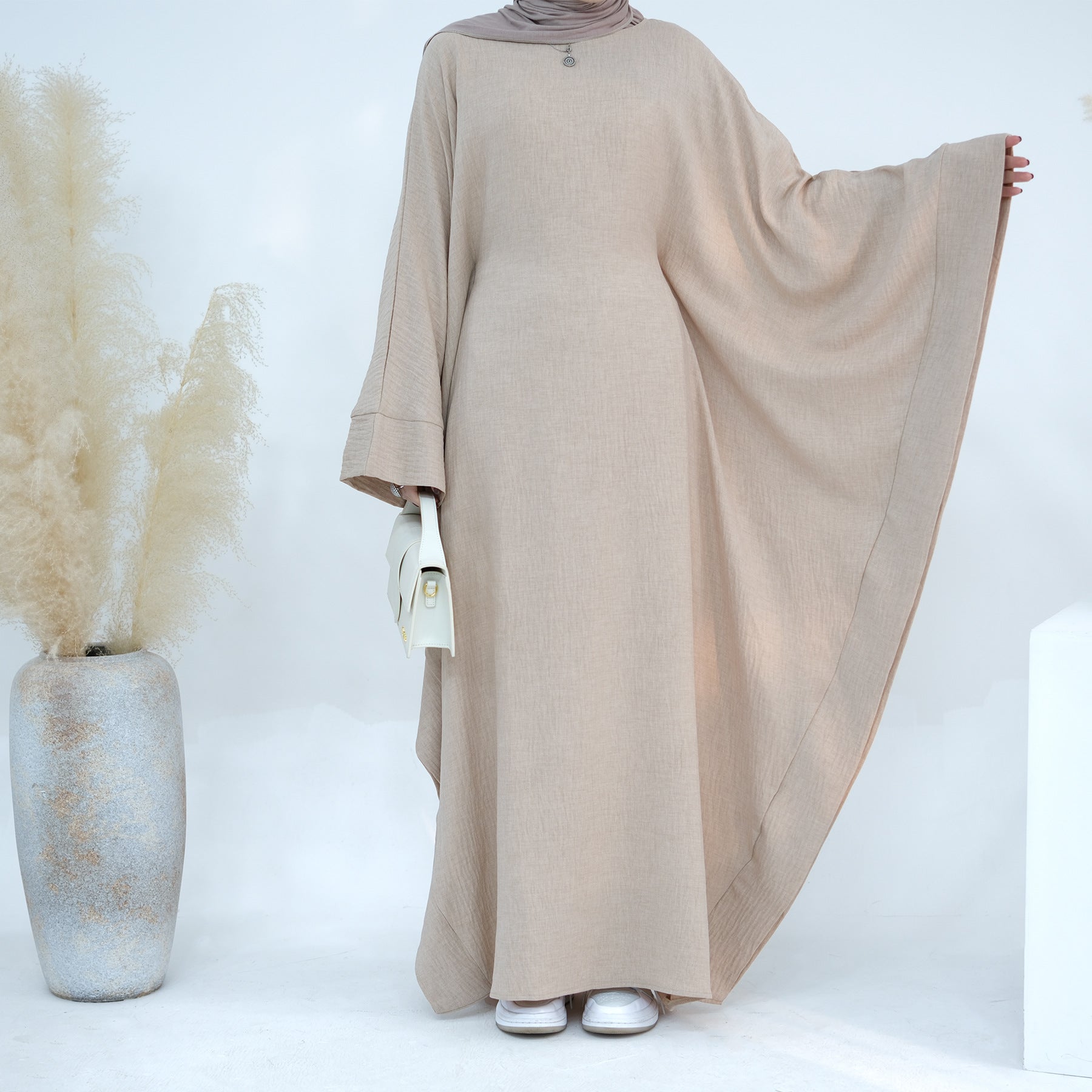 1719#New Waisted Batwing Sleeve Abaya Crepe Muslim Dress Prayer Butterfly Abaya