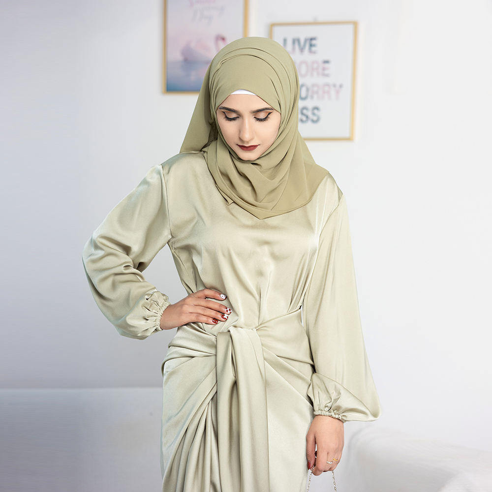 1590# 2pc Satin Abaya wrap skirt set islamic clothing modest women muslim dresses