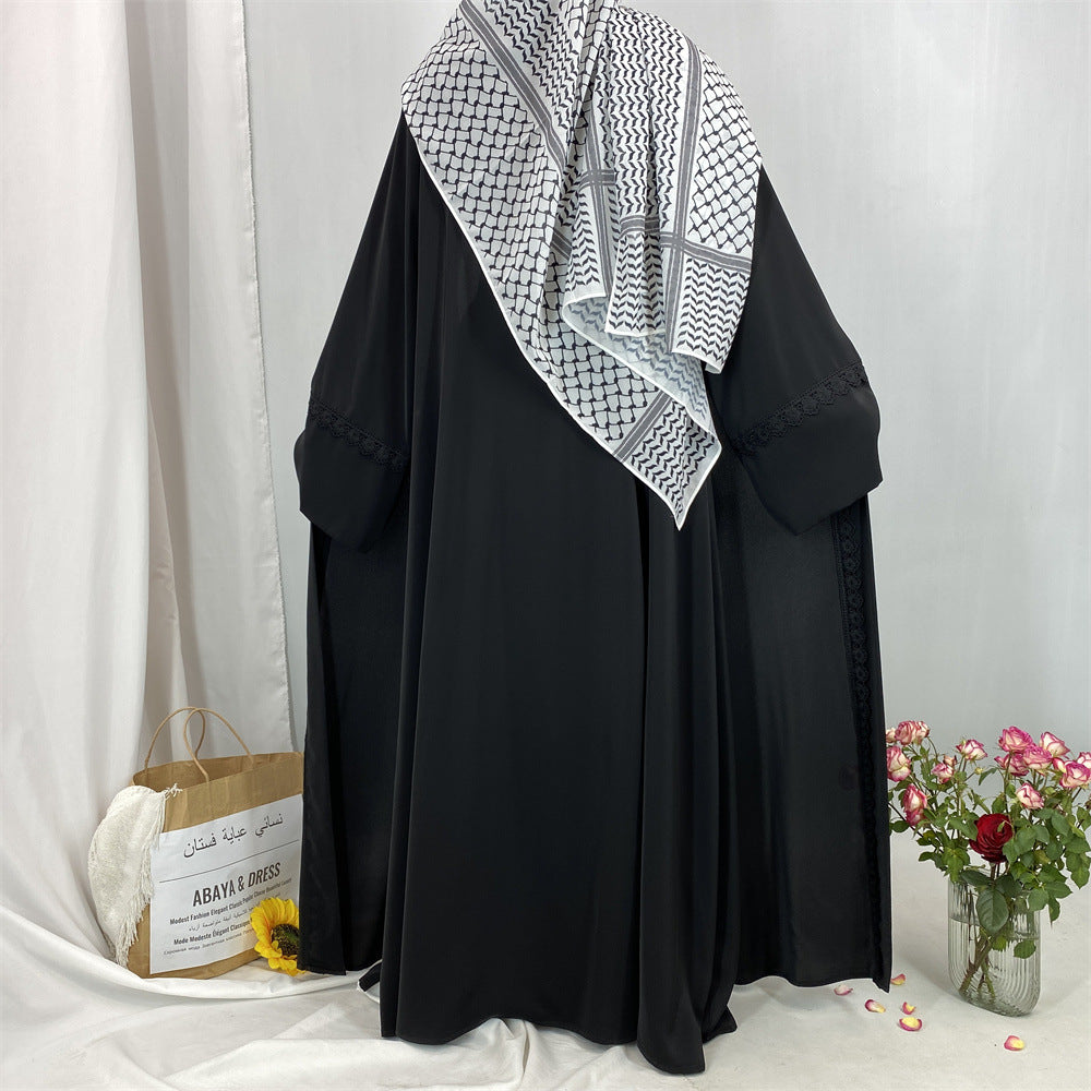 1461#New Arrival Elegant Nida Open Abaya with Matching Floral Lace and Pockets