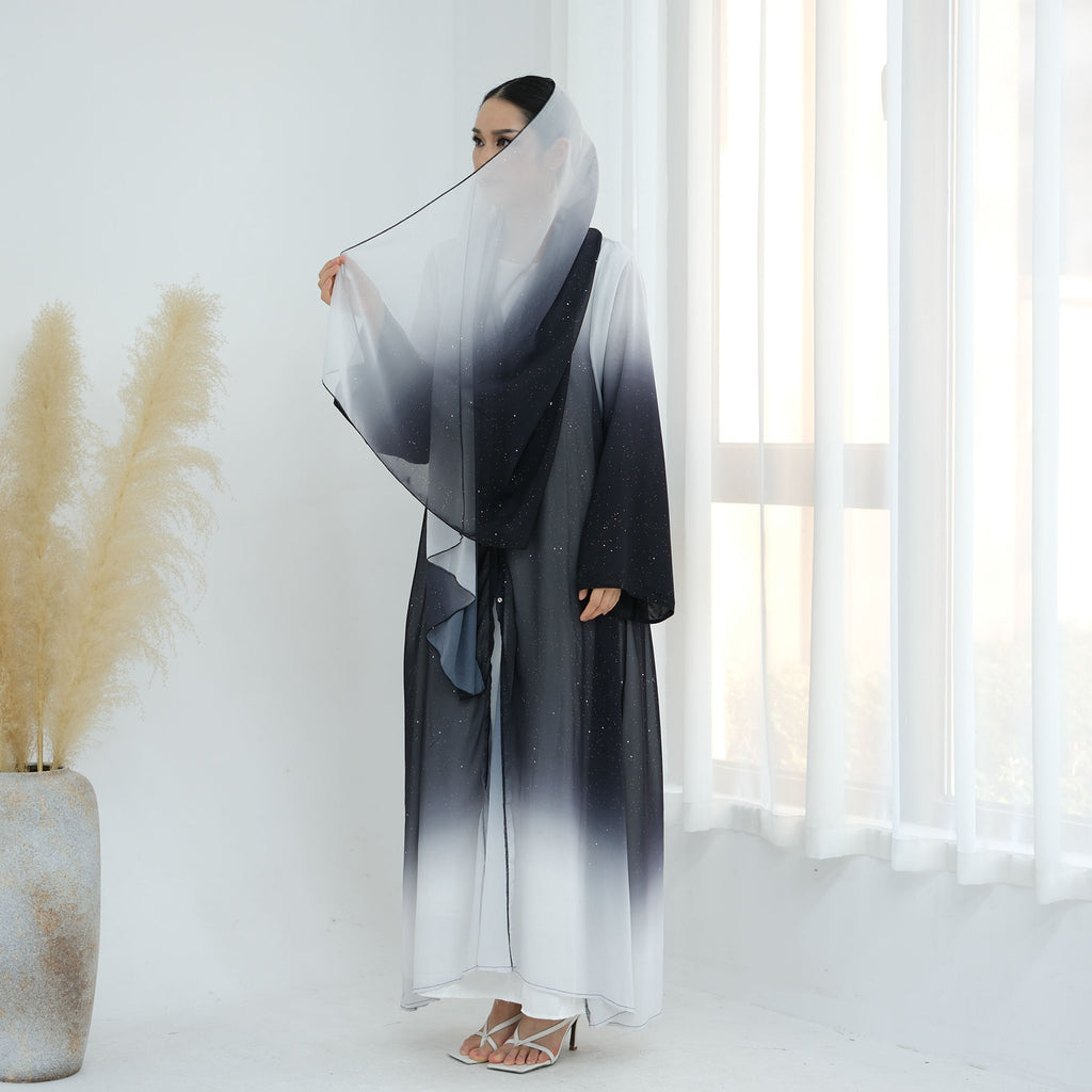 1840#2024 New Ombre Gradient Color Hijab Abaya 2pcs Set Kaftan Abaya Women Muslim Dress